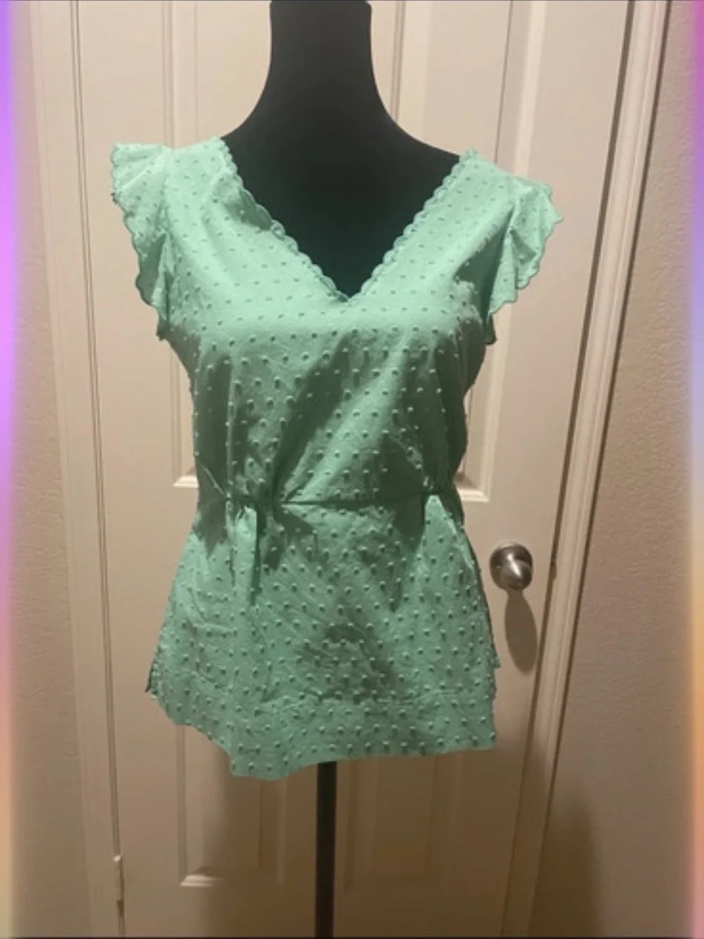 J. Crew Mint Green Swiss Dot V-Neck Blouse